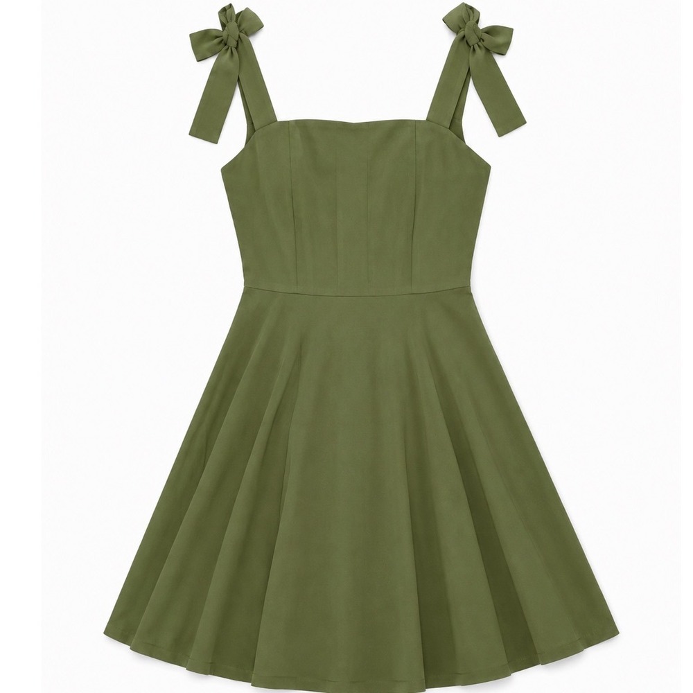 NWT Cupshe Olive Green Tie Strap Mini Dress Square Neck Pleated Medium